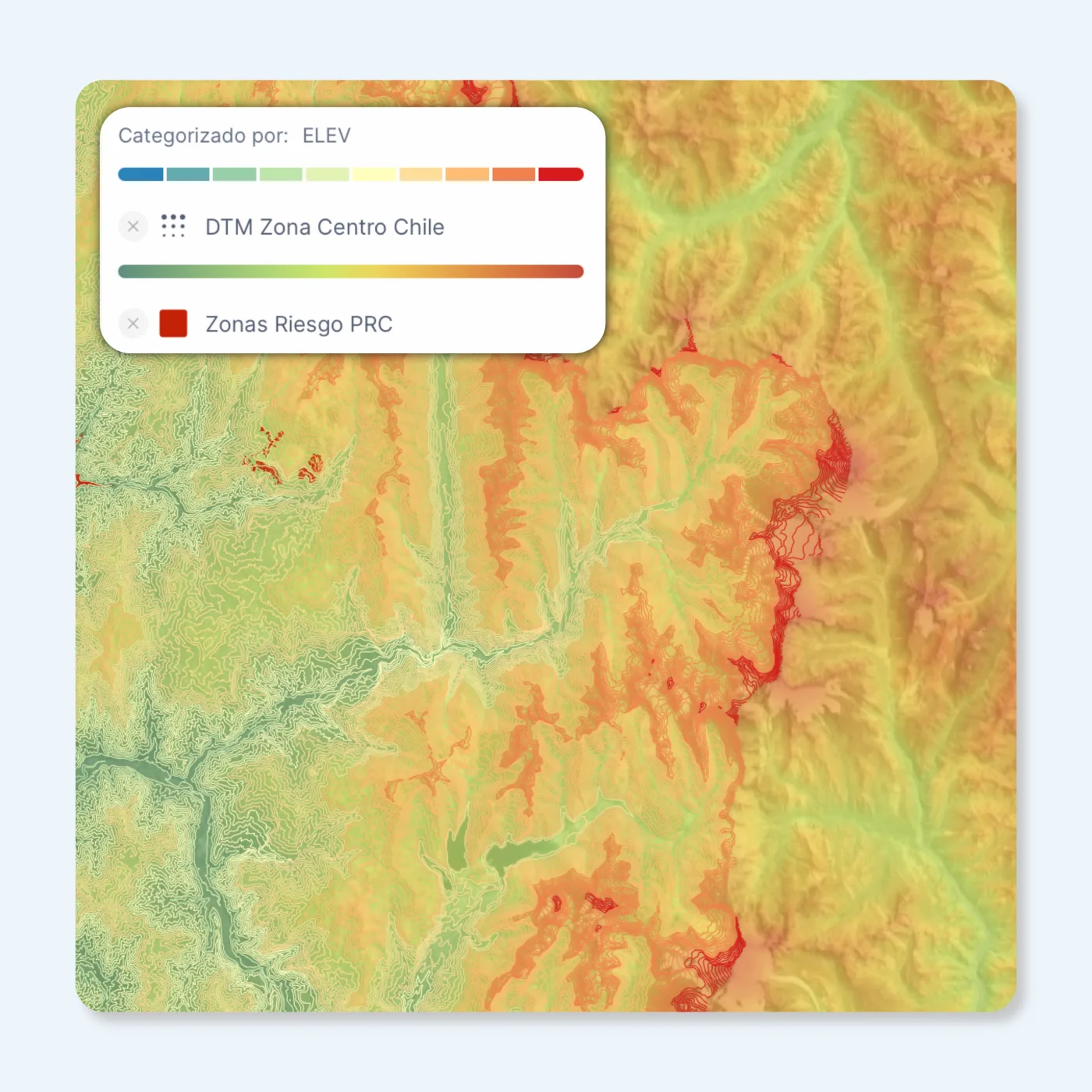 Modelo digital de terreno con zonas de riesgo del Plan Regulador Comunal