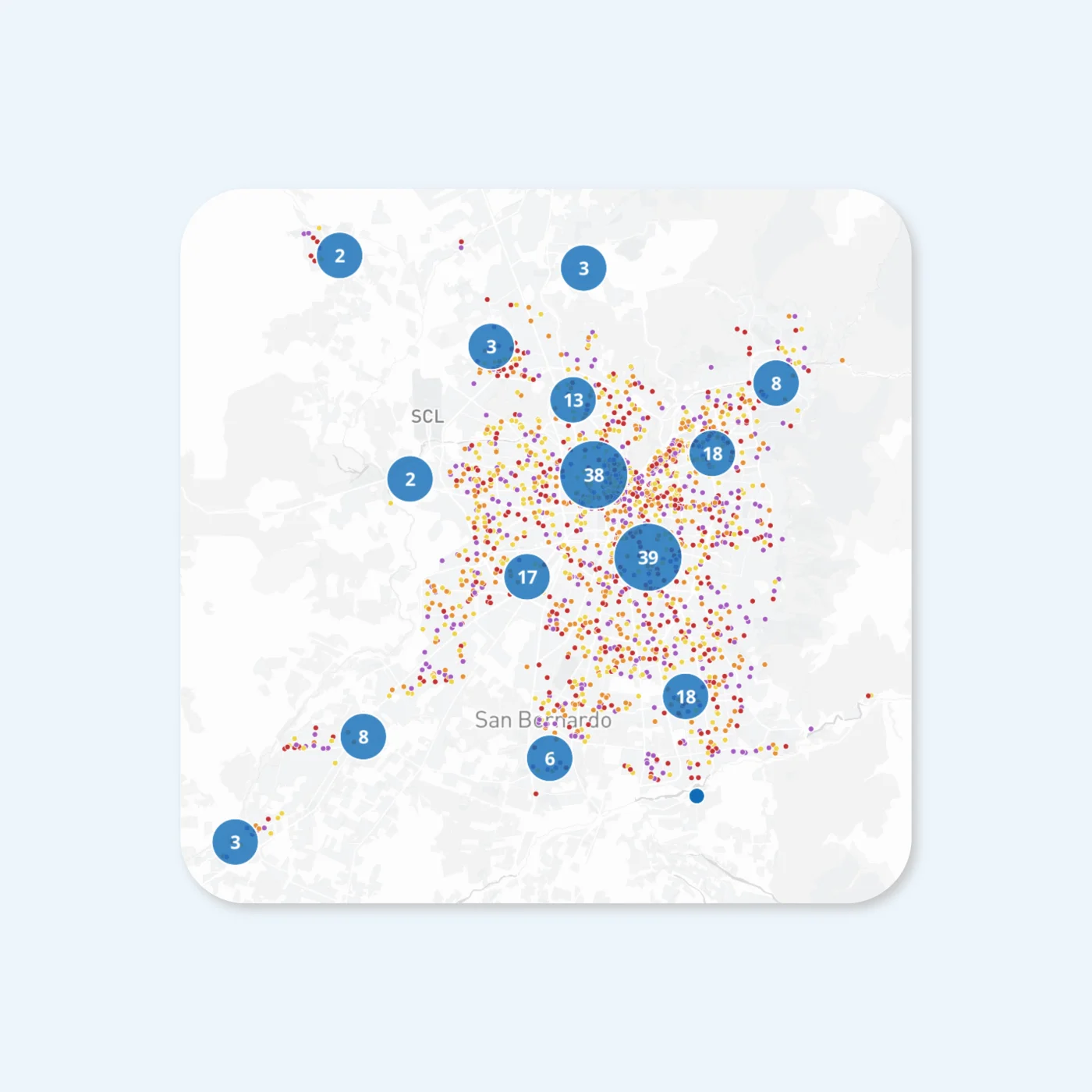 Mapa de clientes existentes agrupados en clusters en Santiago