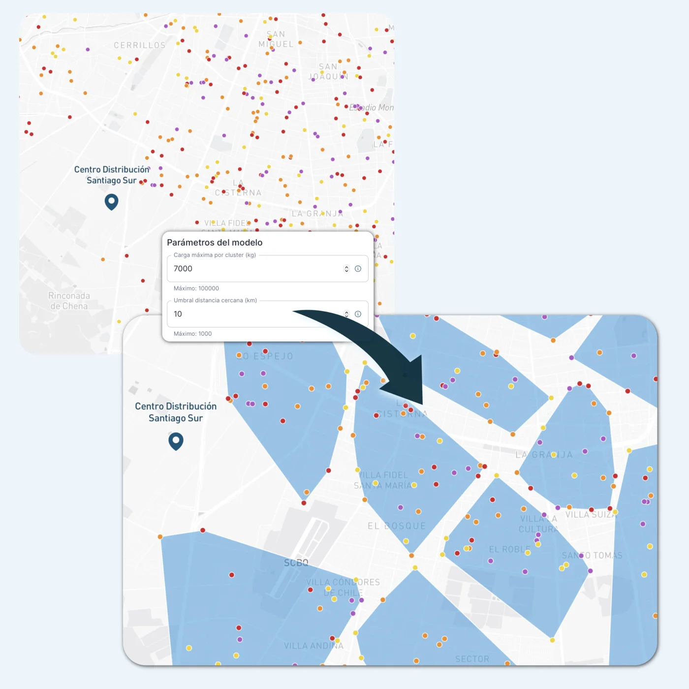 Parámetros del modelo transformando clientes dispersos en polígonos de territorios de venta